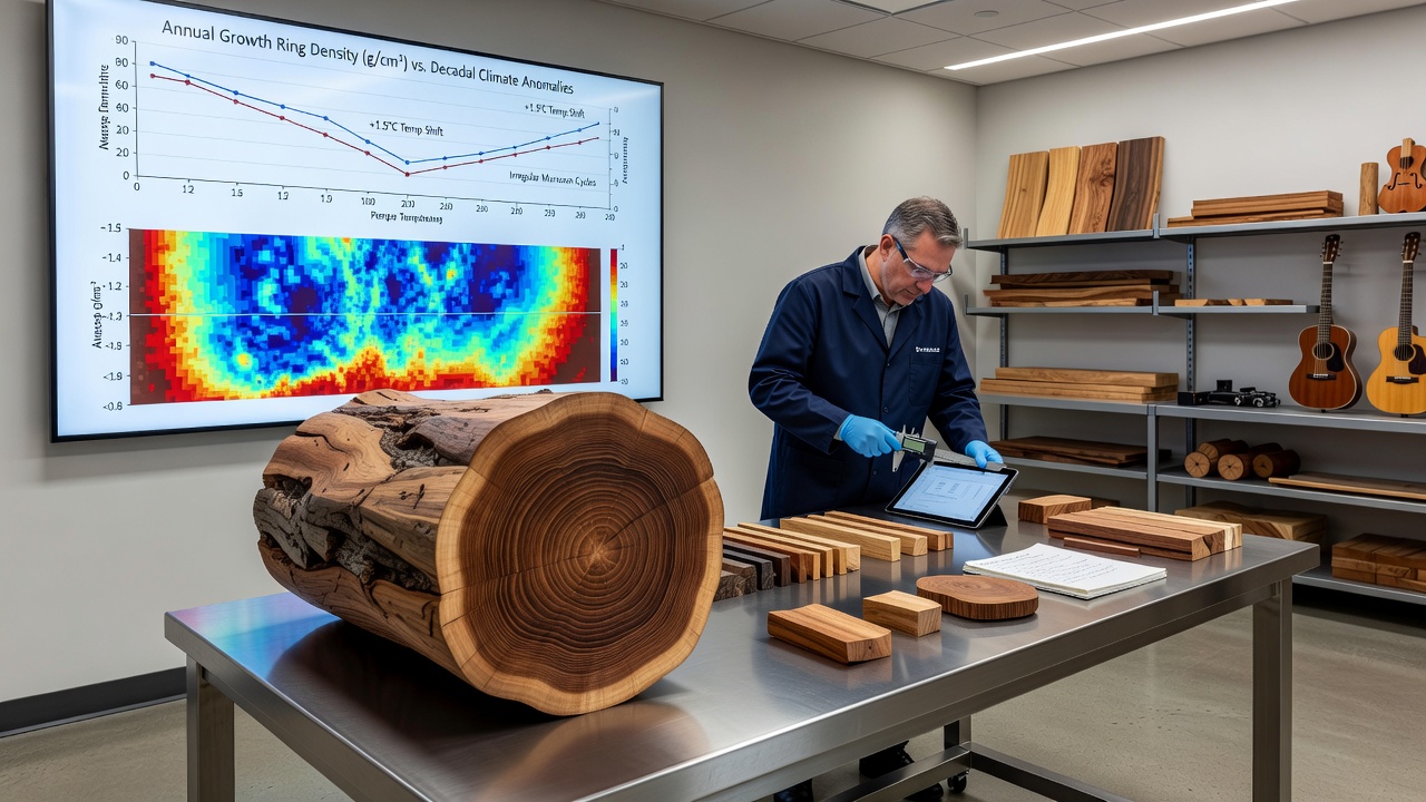 Luthier examining hardwood planks for acoustic instrument construction under natural light